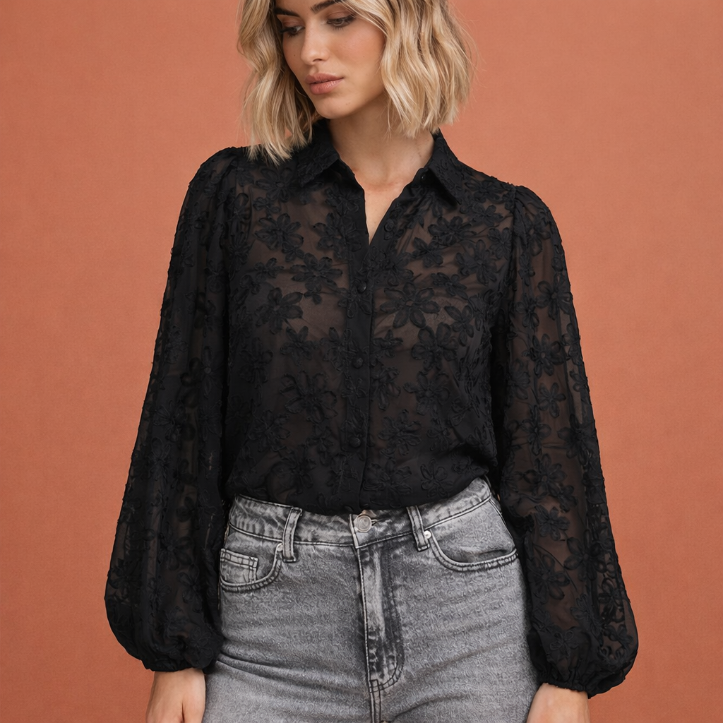 Sheer embroidered blouse with floral detailing volume sleeves gathered cuffs and button closure for women