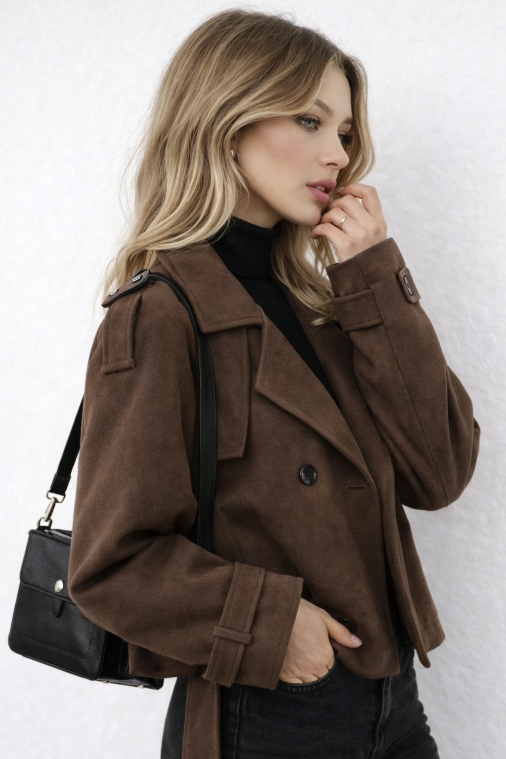 Structured woven coat with belt detail long sleeves and straight hem for women