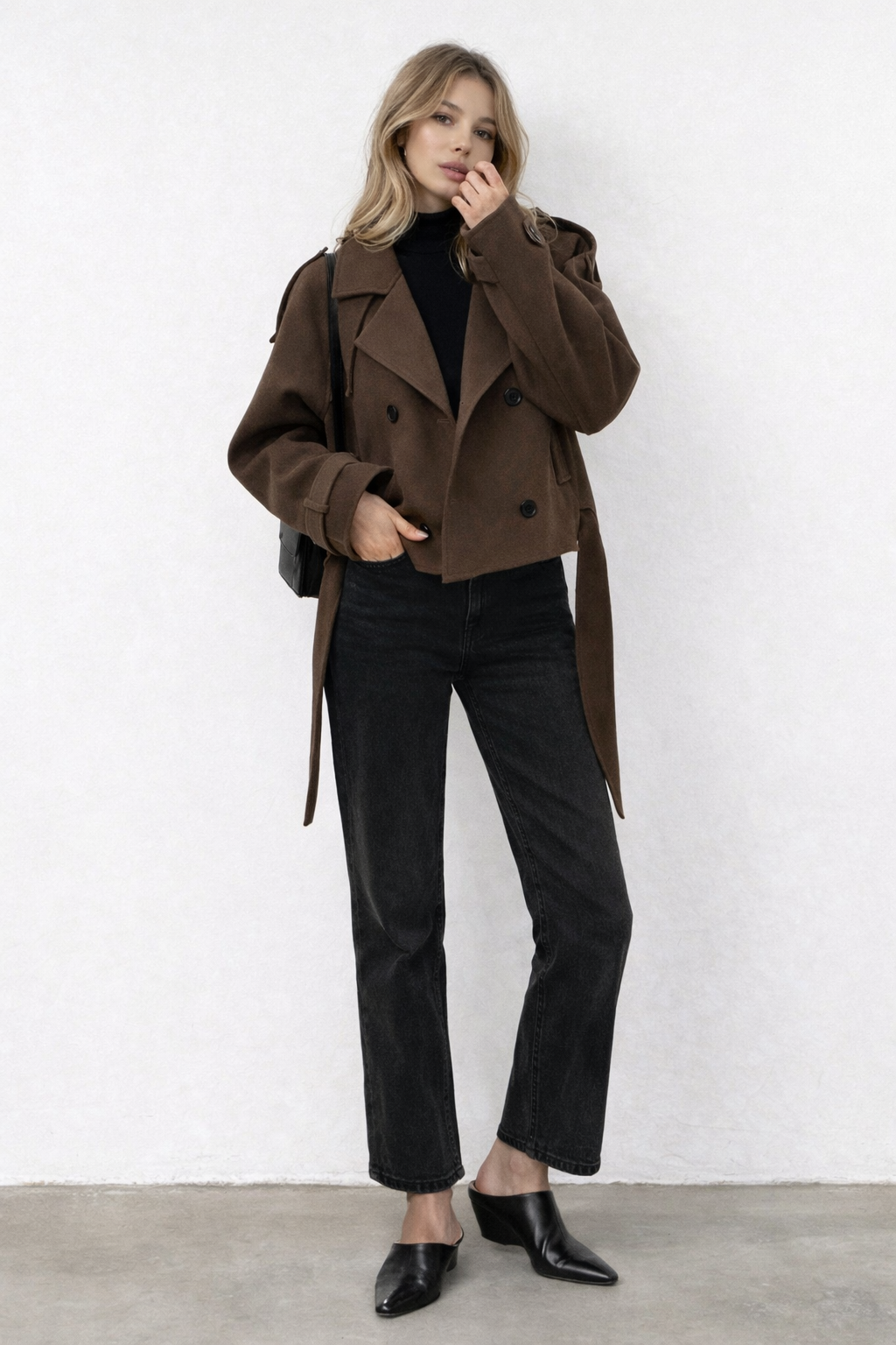 Woven coat with adjustable belt buckle and double-breasted button detail