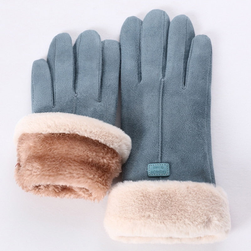 Synthetic fabric gloves with plush cuff lining and stitched fingers, winter fit
