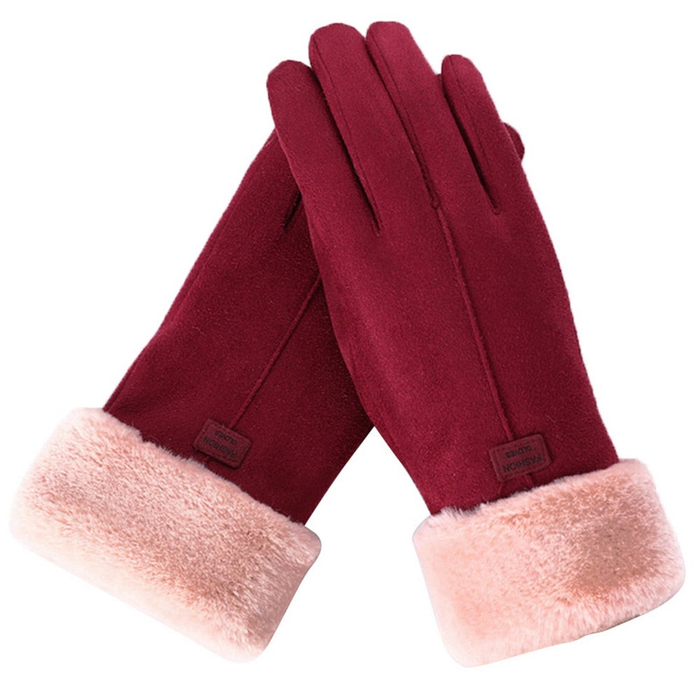 Synthetic fabric gloves with plush trim and smooth outer surface