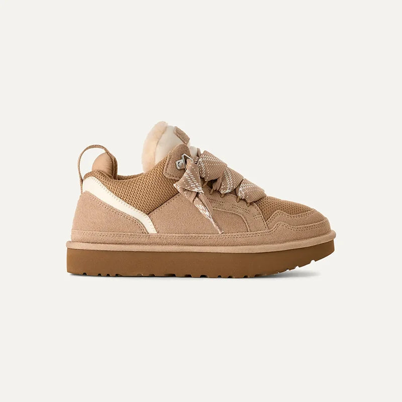 Mixed material sneaker low-top pull tab collar textured sole women