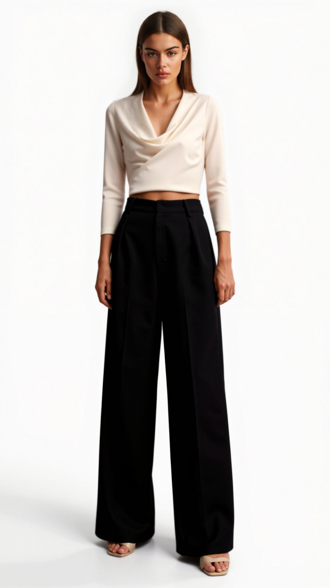 Woven wide-leg trousers with high waist and front pleats for women
