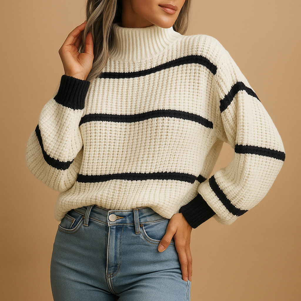Cream striped turtleneck knit sweater with ribbed texture