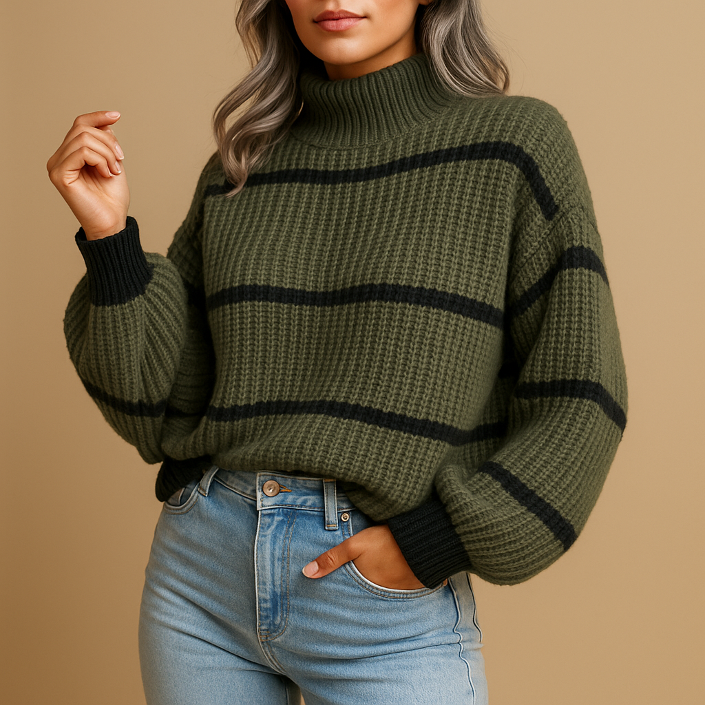 Olive green striped turtleneck knit sweater with relaxed fit