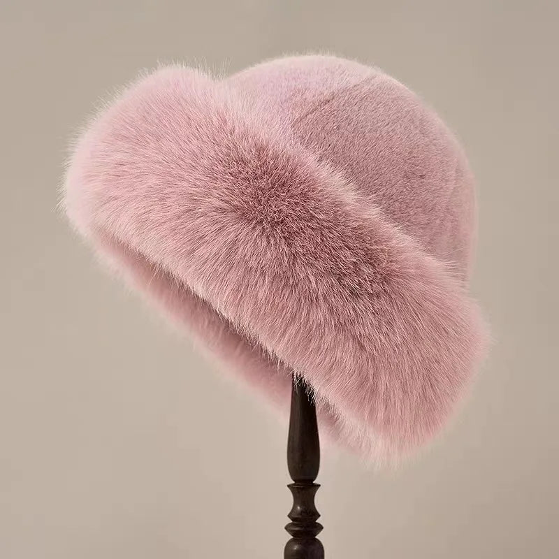 Soft textured winter hat with rounded crown and wide plush brim