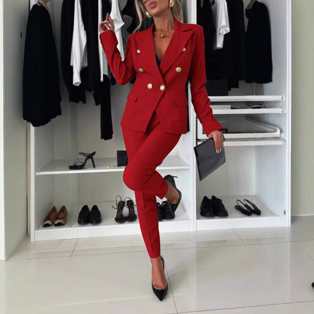 Women’s red tailored blazer and slim-fit pants suit
