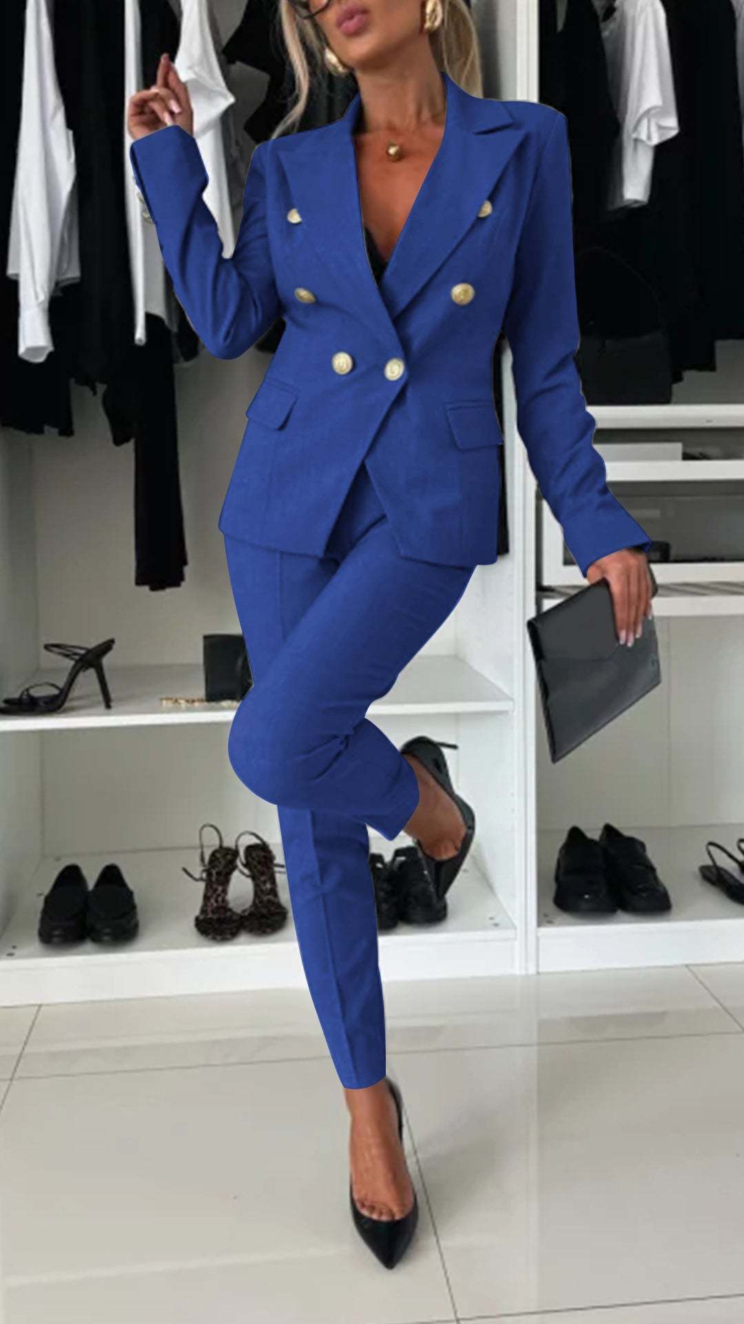 Women’s royal blue blazer and matching slim-fit pants suit