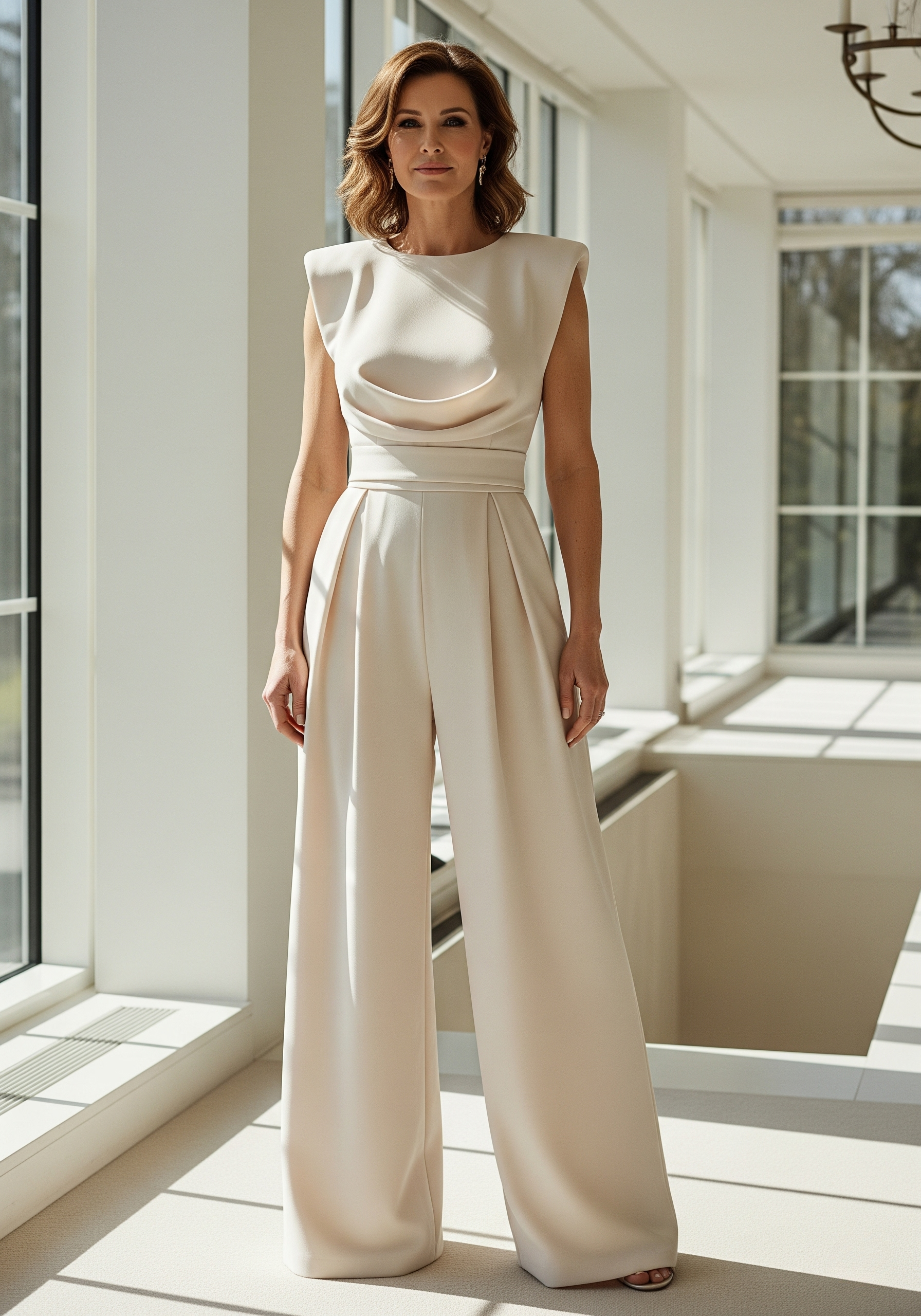 Woven sleeveless jumpsuit with draped bodice wide leg cut and defined waistband for women