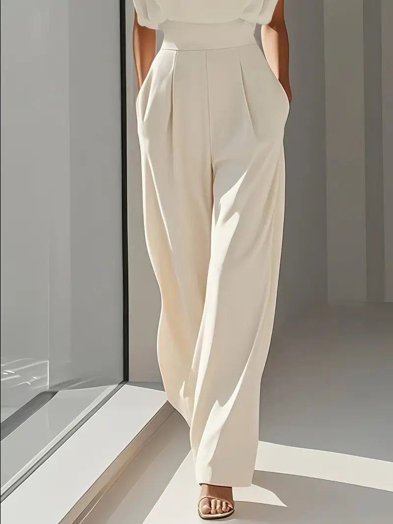 Sleeveless woven jumpsuit with structured waistband draped front and straight hem for women